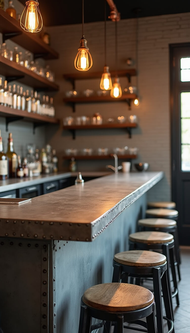 Close-up of industrial bar area with zinc countertop, riveted edges, steel-frame stools with reclaimed wood seats, vintage glassware on open shelves, copper pipe wine rack, and pendant lights with cage designs in evening light.