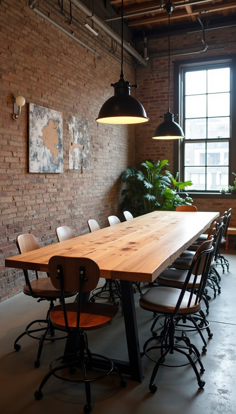 High-angle view of industrial workspace with reclaimed wood table, vintage chairs, and factory windows providing bright, even light.