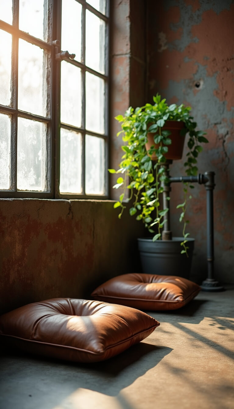 Close-up of industrial meditation corner with vintage leather cushions, trailing vines on pipe stands, and patinated metal wall art in soft dawn light.