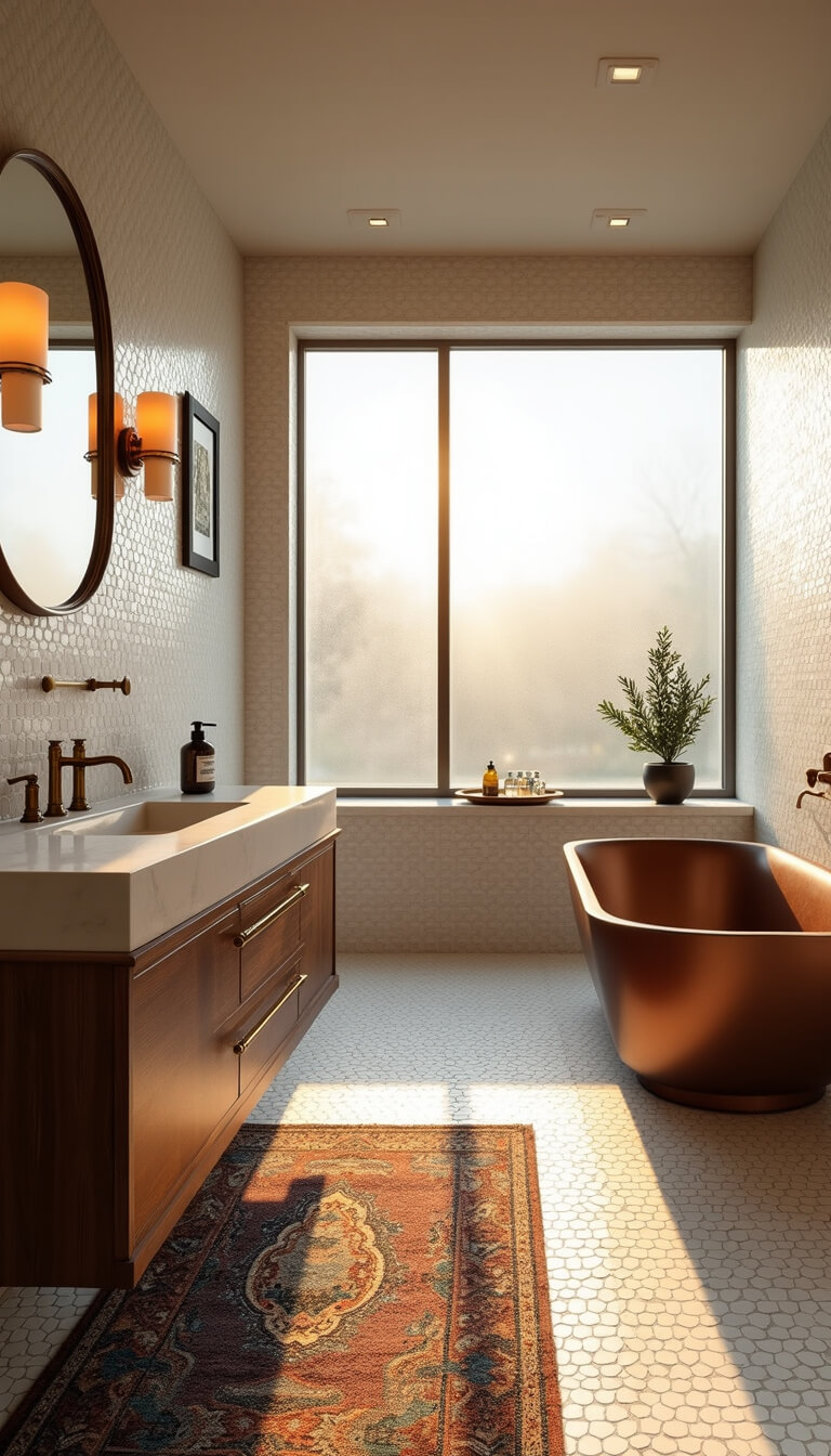 Master bathroom with floating walnut vanity, brass hardware, copper soaking tub, and golden hour light through frosted window.
