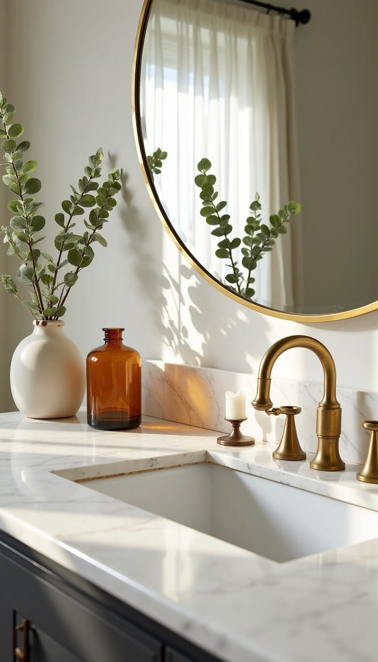 Close-up of white marble double vanity with brass mirror, amber glass vessels, eucalyptus in vase, and vintage candlesticks in soft morning light.