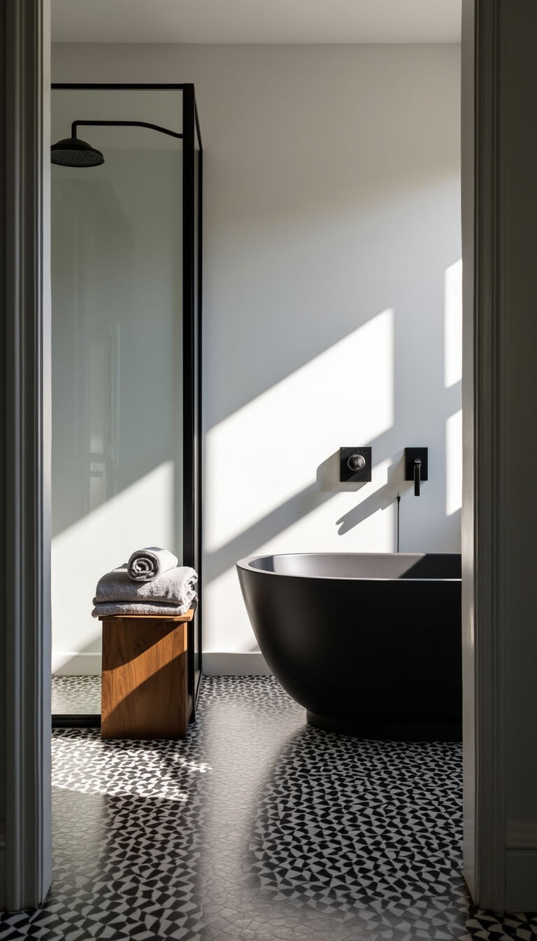 Modern 10x12ft bathroom with black hexagon floor tiles, warm white walls, black steel-framed shower casting shadows, vintage stool with Turkish towels, and matte black freestanding tub.