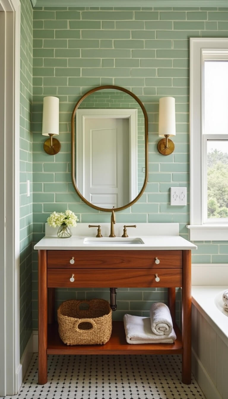Sunlit sage green tiled bathroom with mid-century teak vanity, white quartz countertop, brass mirror, milk glass sconces, and seagrass basket of towels.