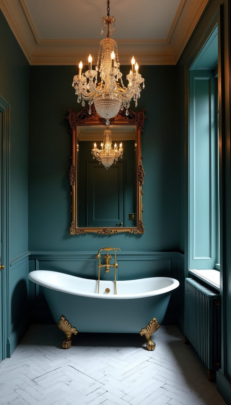 Moody evening bathroom with deep teal walls, white marble herringbone floors, crystal chandelier, clawfoot tub, aged brass fixtures, and ornate gilded mirror.