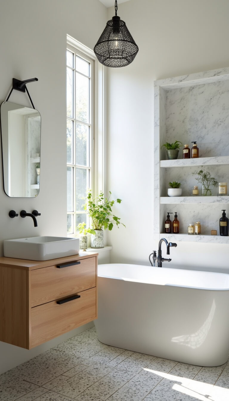 Modern bathroom with white oak floating vanity, terrazzo floors, geometric pendant light, and vintage apothecary bottles by floor-to-ceiling windows.