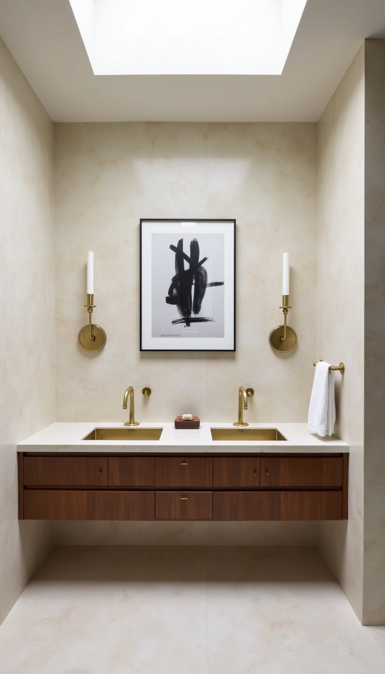 Minimalist 15x15ft bathroom with skylight, cream limestone walls, walnut double vanity with brass sinks, abstract black-and-white photography, and vintage brass sconces arranged symmetrically.