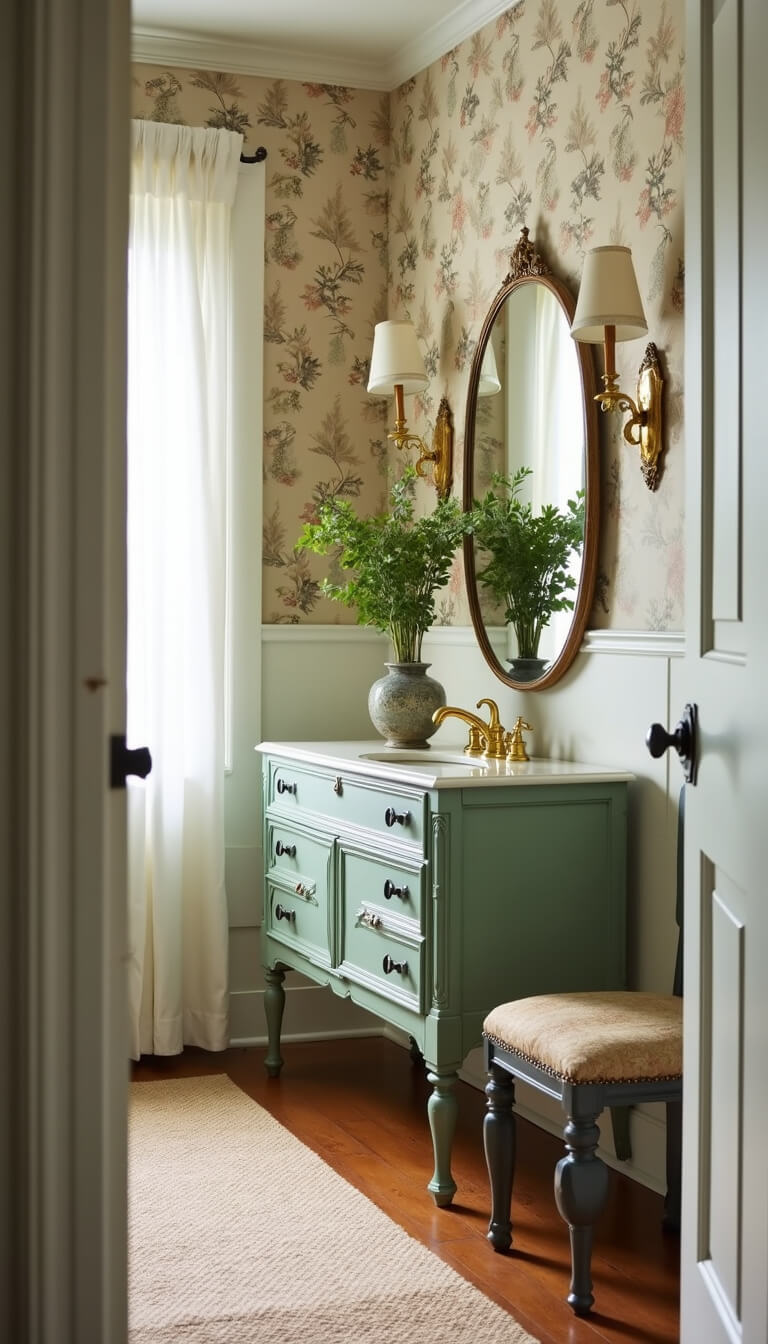 Cozy 9x11ft room with botanical wallpaper accent wall, vintage sage green vanity, brass mirror and sconces, handmade ceramic vessels, lit by morning light.