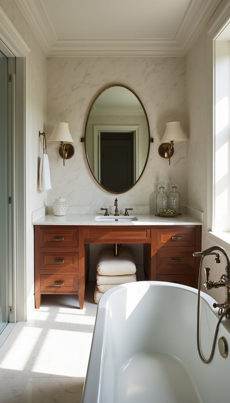 Luxurious marble-walled bathroom with heated floors, restored art deco vanity and mirror, modern sconces, and crystal decanter collection, viewed from the bathtub.