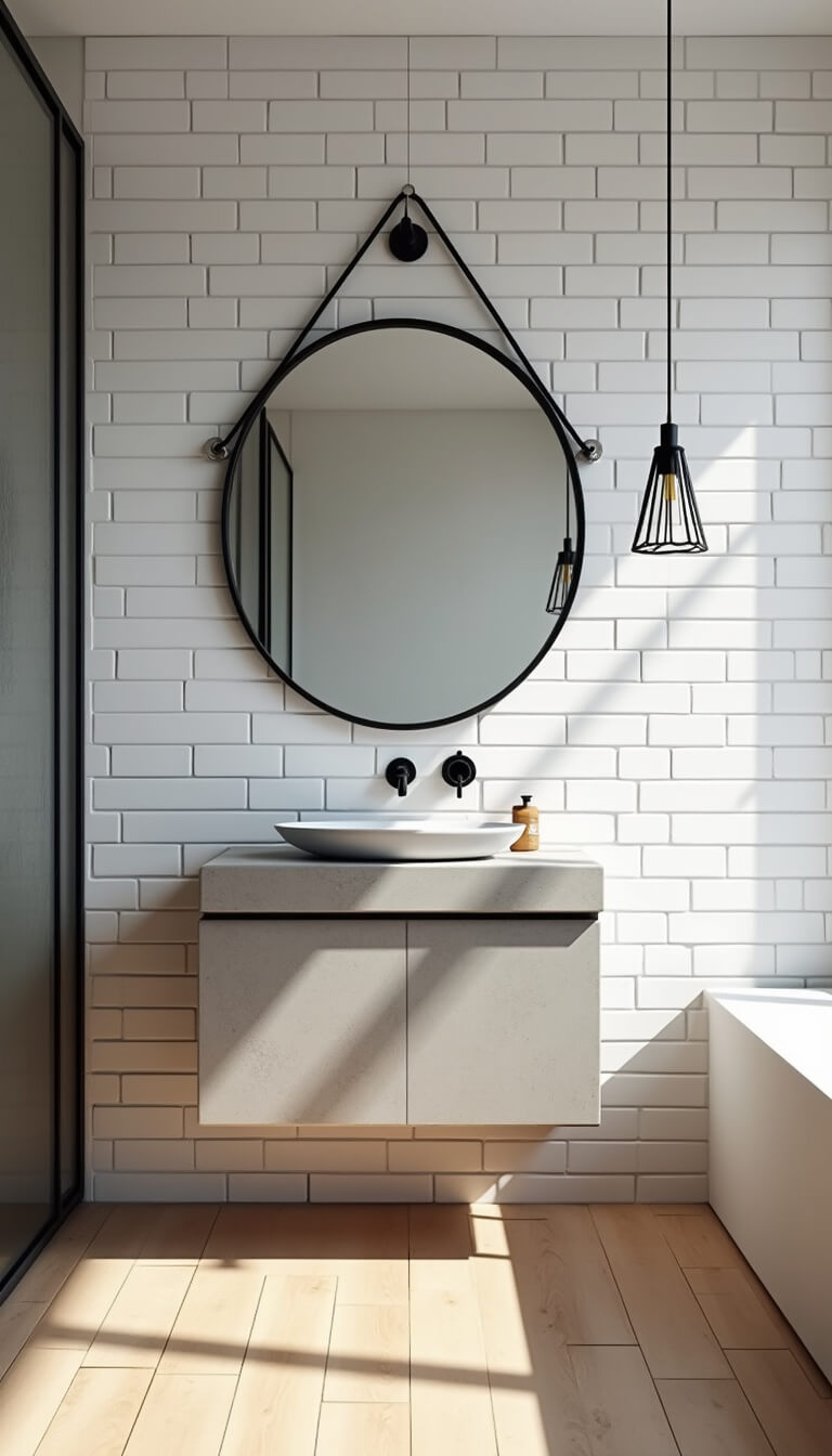 Scandinavian-vintage bathroom with herringbone oak floors, white subway tiles, black steel mirror, floating concrete vanity, and mid-century pendant lighting.