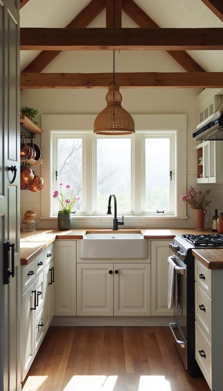 Sunlit cabin kitchen with vaulted ceiling, white shaker cabinets, butcher block countertops, and copper pots hanging from a ceiling rack in soft morning light.
