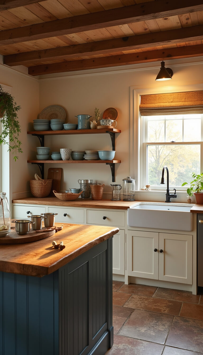 Cozy evening kitchen with cream cabinets, reclaimed wood shelves displaying artisanal ceramics, live-edge island, vintage blue and white enamelware, and warm golden hour lighting.