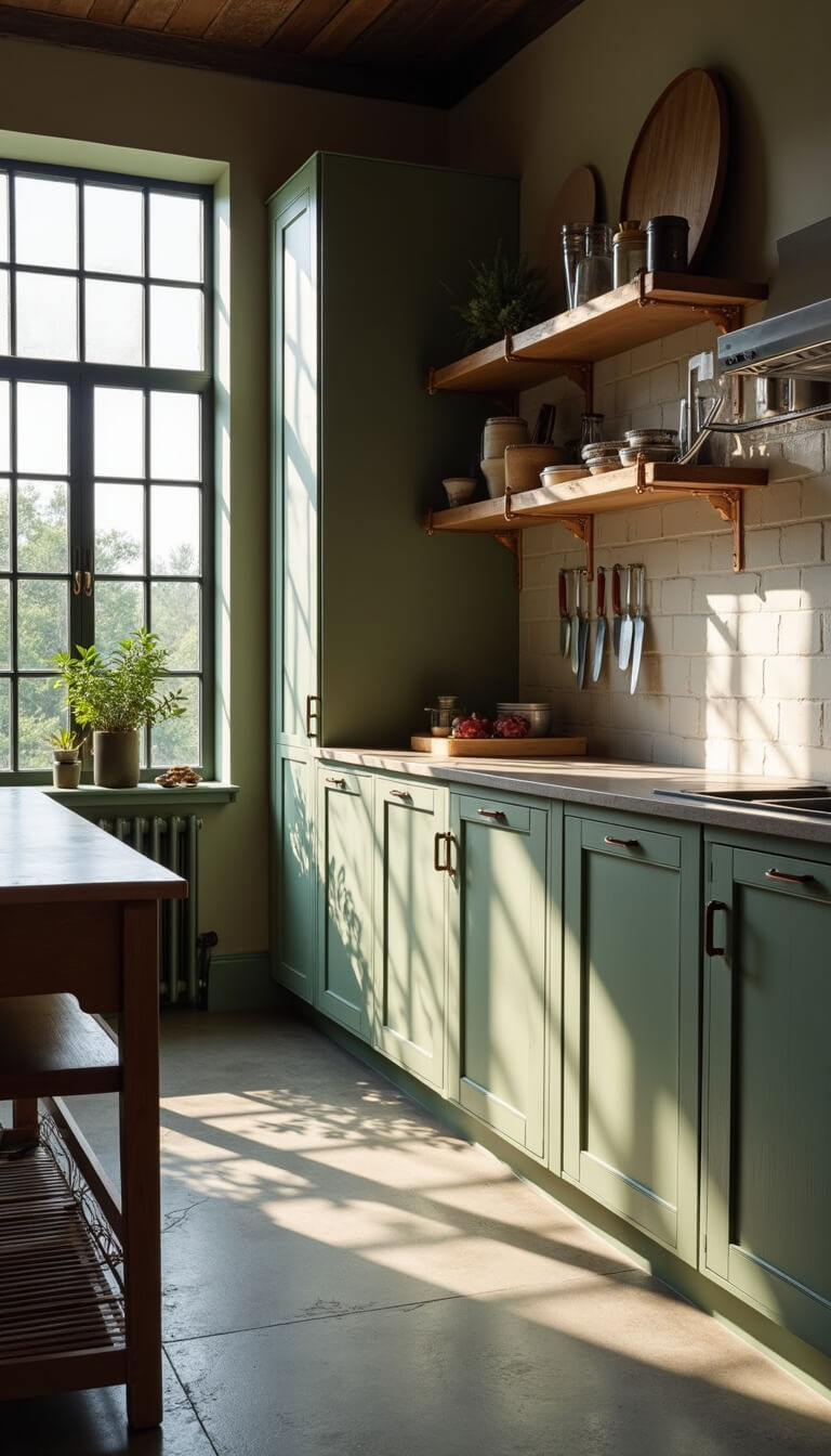 Low-angle view of a rustic-modern galley kitchen with slate floors, sage green floor-to-ceiling pantry cabinets, and afternoon light casting geometric shadows through gridded windows.