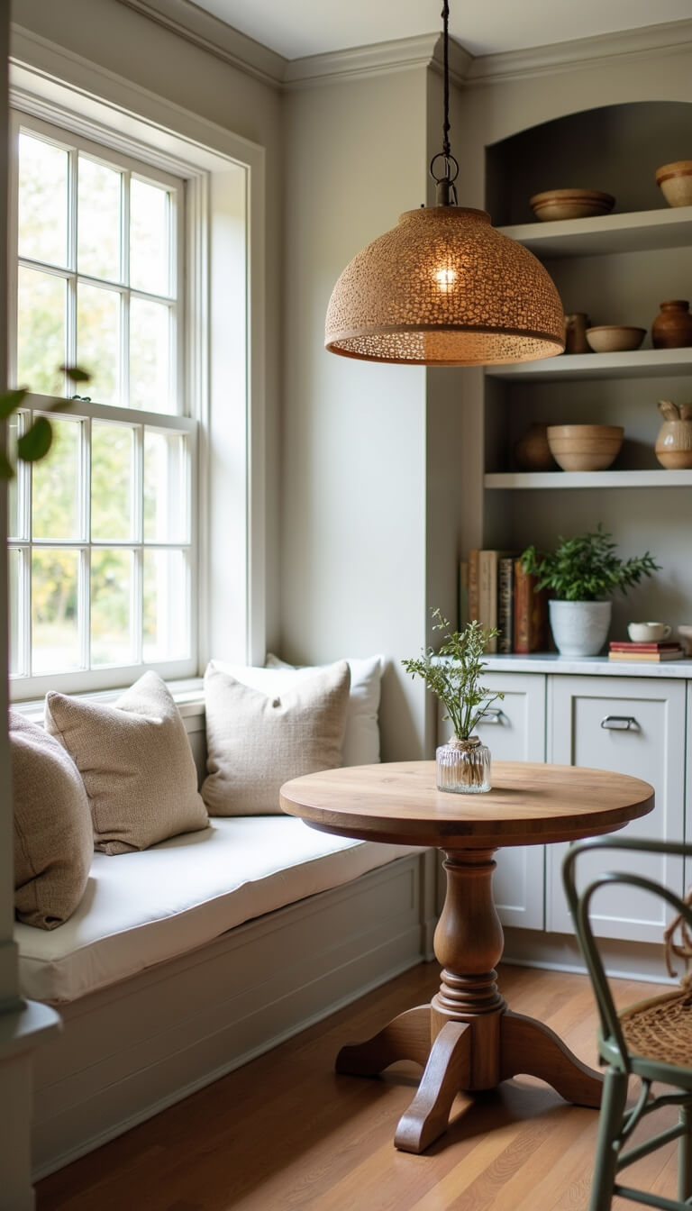 Cozy 12x12ft breakfast nook with round oak table, window seat with white cushions, pendant light, and shelves of vintage cookbooks in soft dawn light.