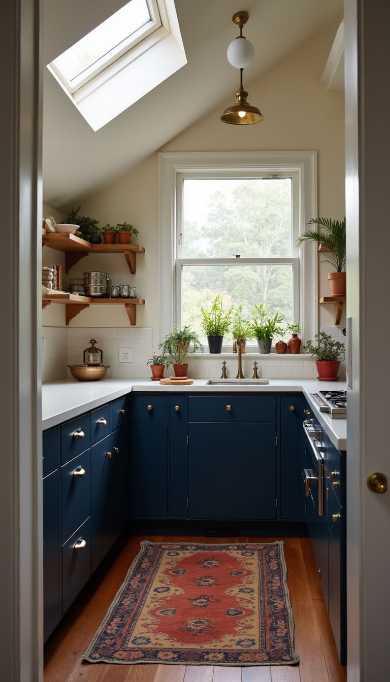 Compact 14x14ft corner kitchen with navy blue lower cabinets, white open shelves, brass fixtures, skylight casting dusk light, potted herbs on windowsill, vintage runner on floor, and dramatic evening shadows.