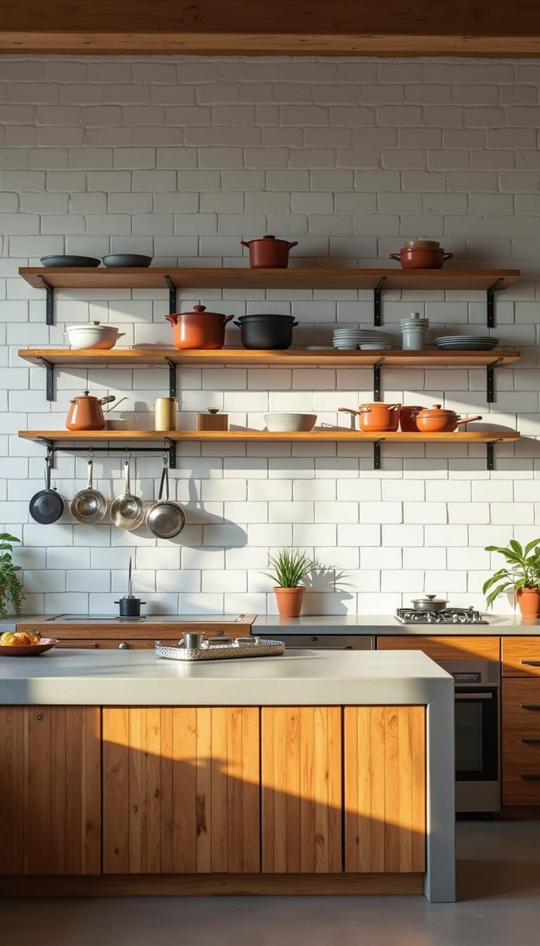 Modern-rustic workspace with concrete countertops, warm wood cabinetry, black steel pot rack, white subway tile backsplash, and minimalist floating shelves in mid-morning light.