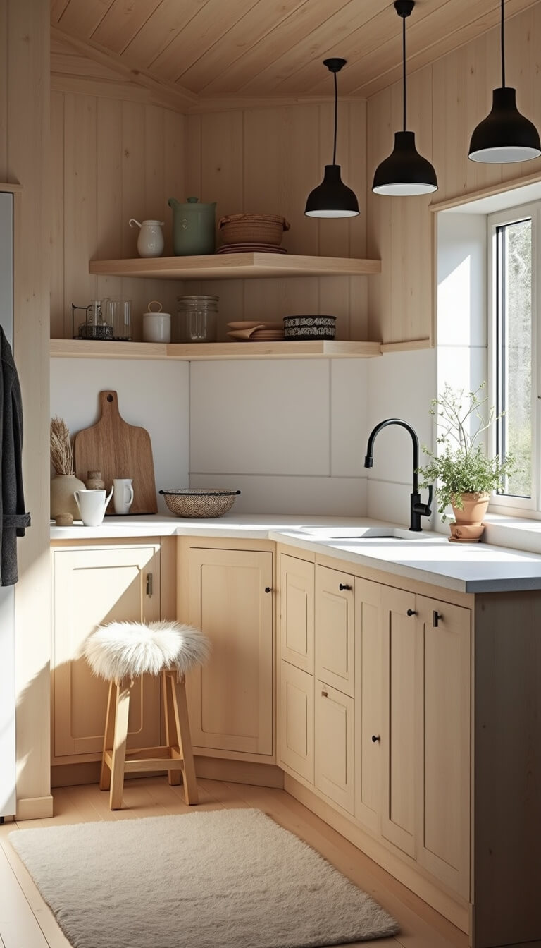 Nordic-style cabin kitchen with pale wood cabinets, white stone countertops, black pendant lights, and sheepskin-covered stool in soft afternoon light.