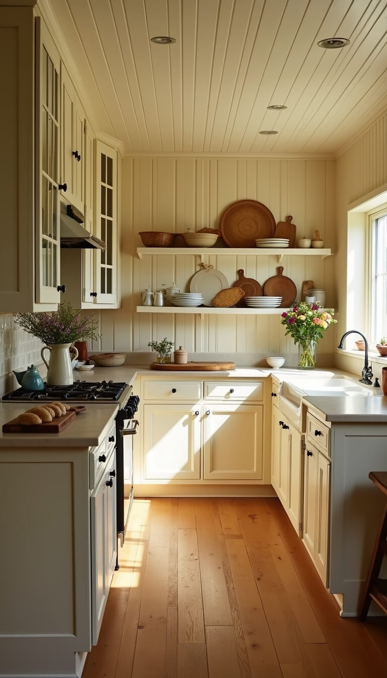 Cream-colored farmhouse kitchen with beadboard ceiling, antique bread boards on walls, wildflowers in a vintage pitcher, and warm golden hour lighting over wide plank pine floors.