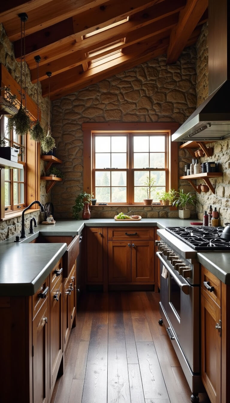 Rustic mountain cabin kitchen with dark wood cabinets, stone accent wall, soapstone counters, farmhouse sink, and dried herbs hanging from ceiling beam, lit by late morning light from clerestory windows.
