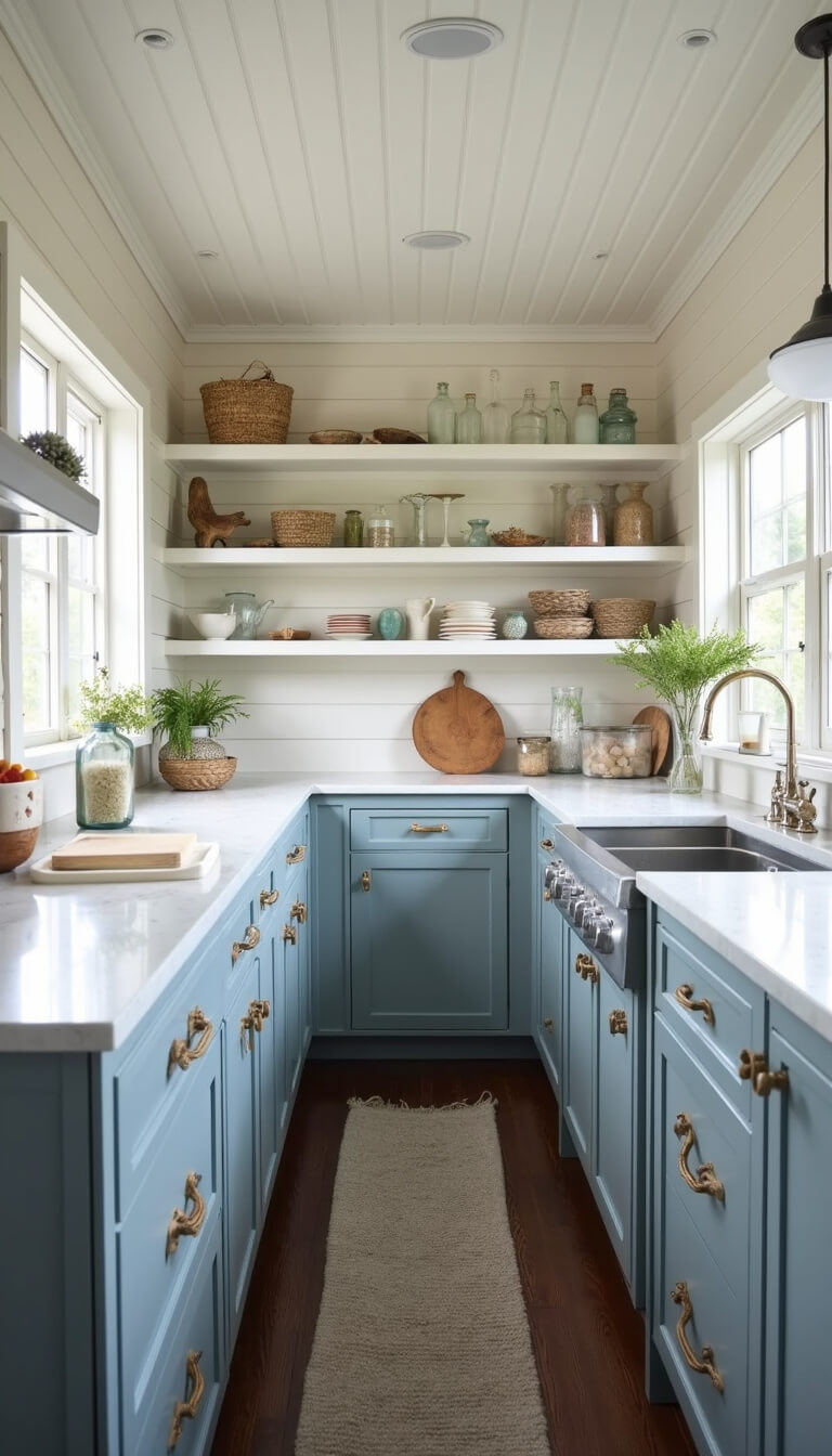 Coastal cabin kitchen with blue-gray cabinets, rope pulls, and sea glass on open shelves, bathed in soft afternoon light.