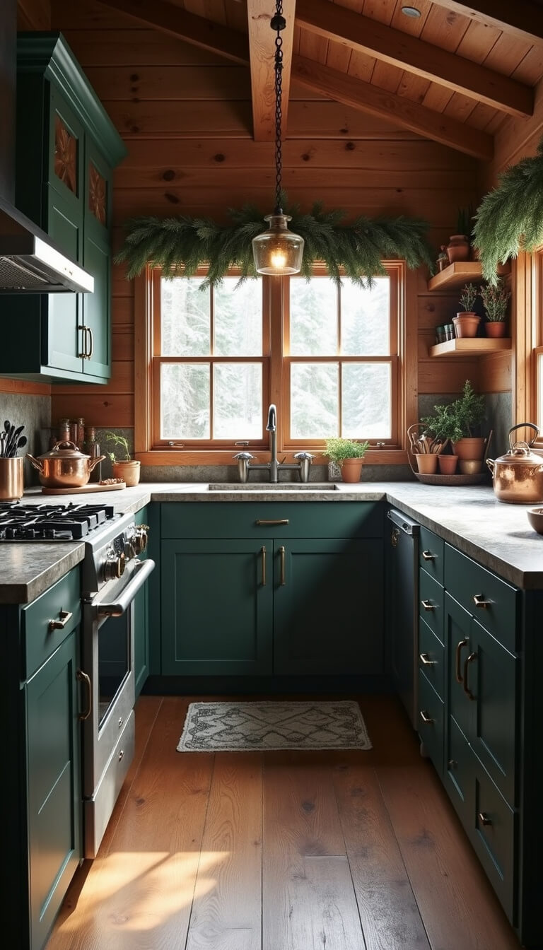 Cozy winter cabin kitchen with dark green cabinets, brass hardware, soapstone counters lightly floured, pine garland above sunlit windows, and gleaming copper cookware.