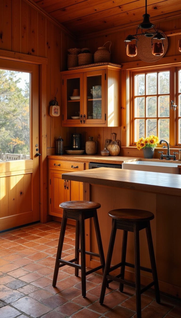 Cozy autumn cabin kitchen with maple butcher block island, terracotta tiles, copper mugs, and warm golden lighting.
