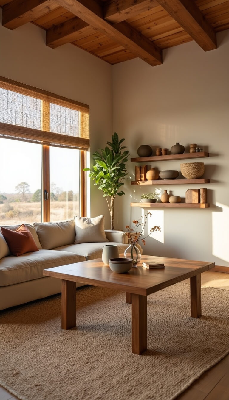 Sunlit 20x24ft living room at golden hour with exposed wooden ceiling beams, jute rug, walnut coffee table, oatmeal linen sofa, ceramic vessels on oak shelves, and bamboo blinds casting warm shadows.