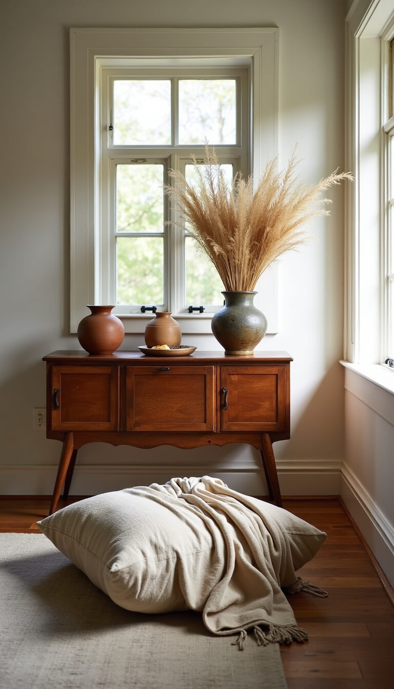 Sunlit living space with vintage elm console, handmade pottery, wrinkled linen throw over floor cushion, and patinated copper vessel with pampas grass against subtly textured plaster wall.
