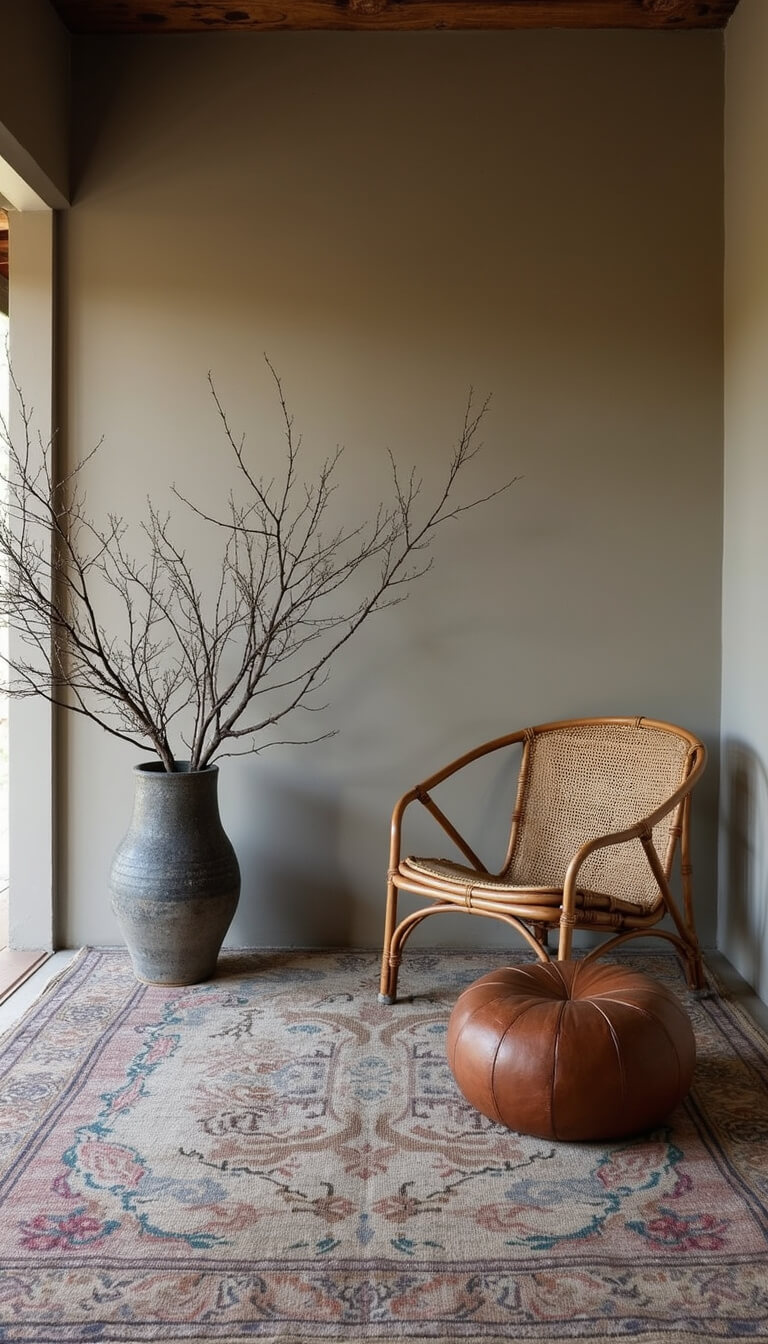 Cozy 12x14ft living space at dusk with antique Persian rug, rattan armchair, leather pouf, ceramic bowl with branches, and lime-wash walls in wabi-sabi style.