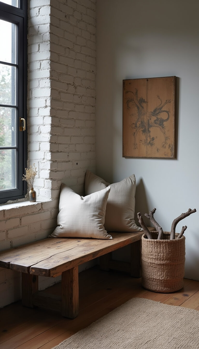 Moody corner of 18x20ft living room at blue hour with aged wooden bench, neutral raw silk cushions, driftwood in woven basket, and weathered whitewashed brick walls.