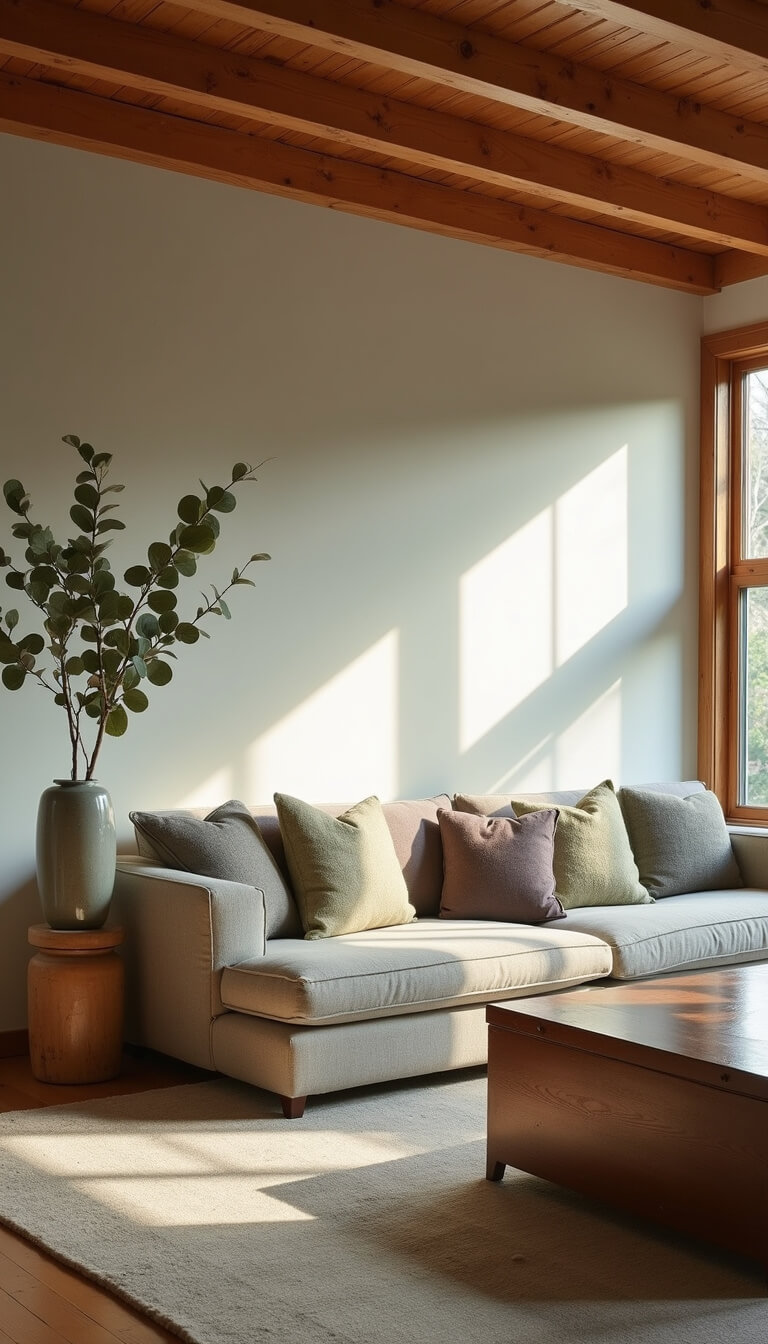 High-angle view of sunlit 16x22ft living space with vintage Japanese tansu chest, low-profile sofa with undyed wool pillows, eucalyptus in crackle-glazed vase, and exposed ceiling beams showing original saw marks in earthy tones of cedar, pumice, fog gray, and pale olive.