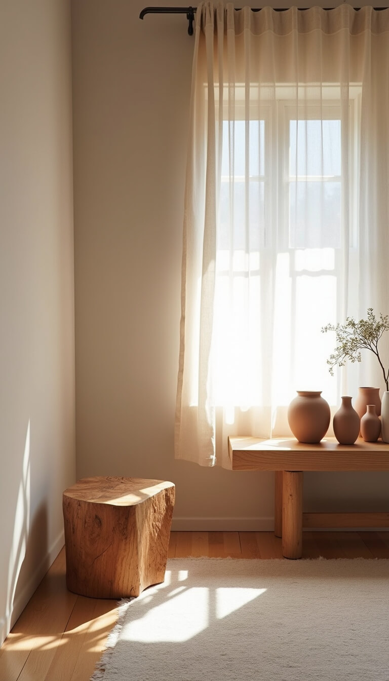 Minimalist 14x16ft living room at dawn with linen curtains diffusing soft light, a reclaimed wood stool, asymmetric clay vessels on a pine console, and wabi-sabi plastered walls in muted natural tones.