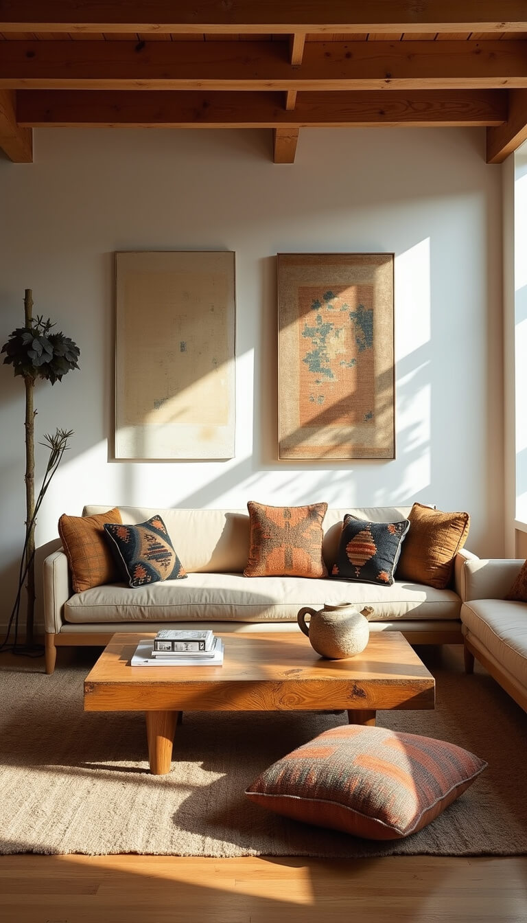 Sunlit living room with oak coffee table, vintage kilim cushions, ceramic sculpture, and exposed wooden ceiling casting organic shadows.