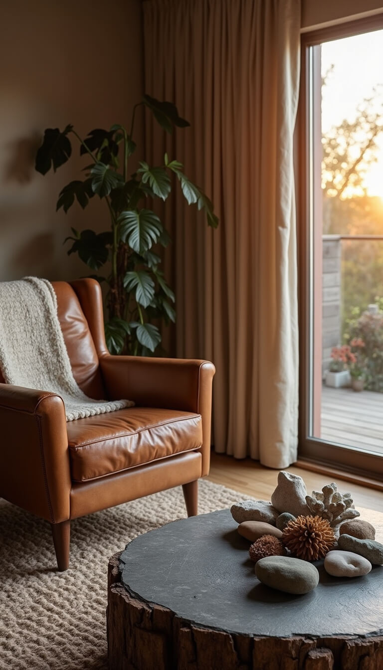 Cozy 15x18ft living room at sunset with weathered leather armchair, hand-loomed wool throw, natural clay walls, and rustic decor of stones and driftwood on slate.