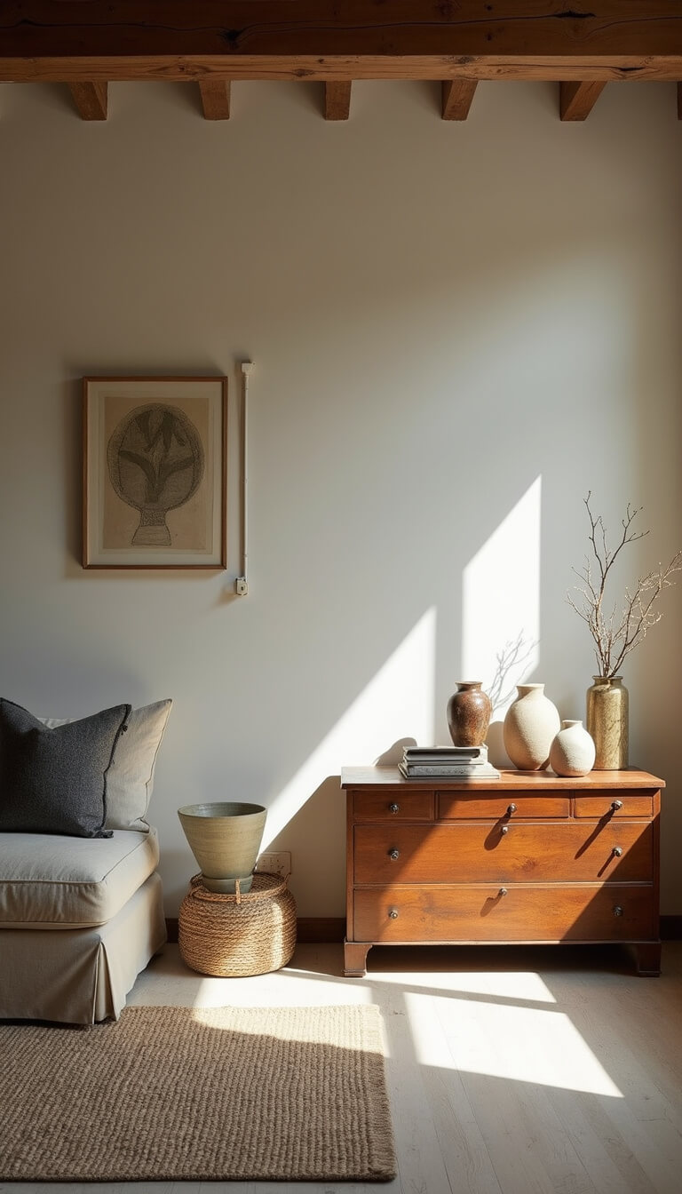 Serene 16x20ft living space with antique wooden chest, raw silk pillows, hand-formed pottery, and exposed beam ceiling in soft afternoon light.