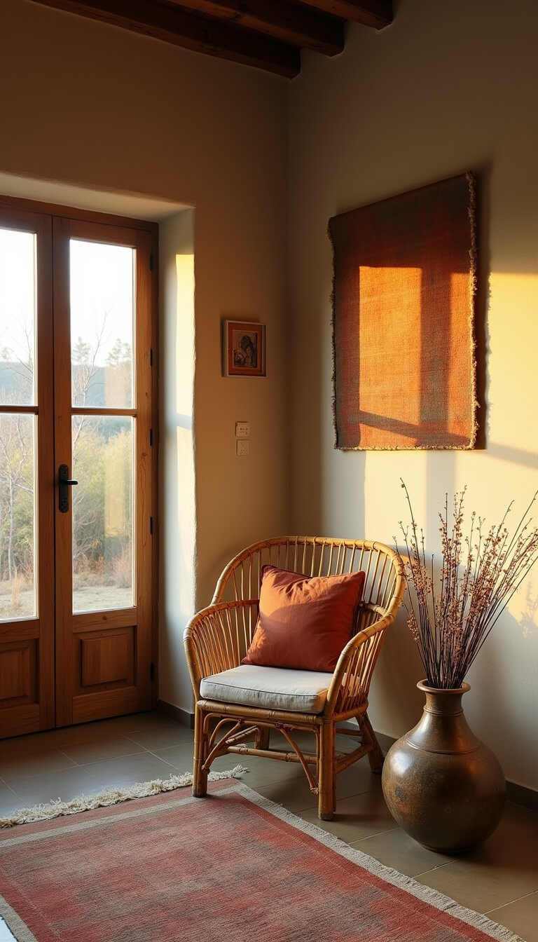 High-angle view of a cozy 12x15ft living room during golden hour, featuring a vintage bamboo chair with natural aging, hand-dyed linen wall art, a weathered copper vessel with dried botanicals, and lime-washed walls in copper verdigris, natural flax, warm gray, and pale terra cotta tones.