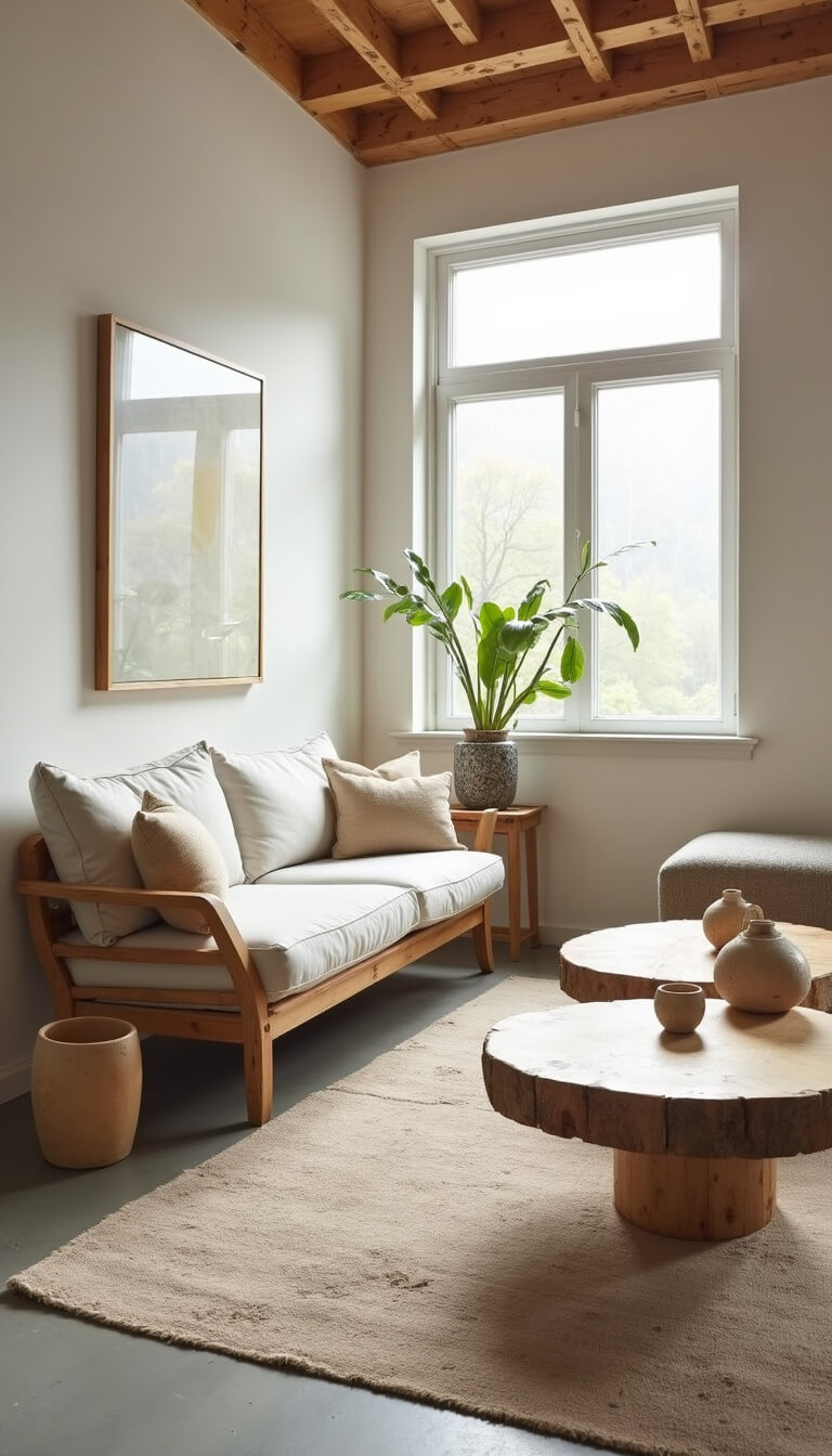 Wide-angle view of airy 18x22ft living space in morning light with reclaimed wooden bench, raw linen upholstery, hand-thrown pottery, and exposed concrete floors in soft neutral tones.