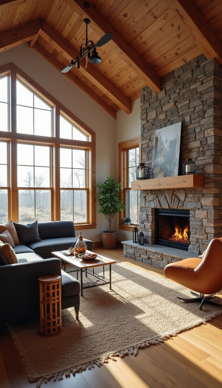 Rustic-modern cabin living room with vaulted ceiling, exposed beams, large windows, stone fireplace, gray sectional, leather chair, and warm golden hour lighting.