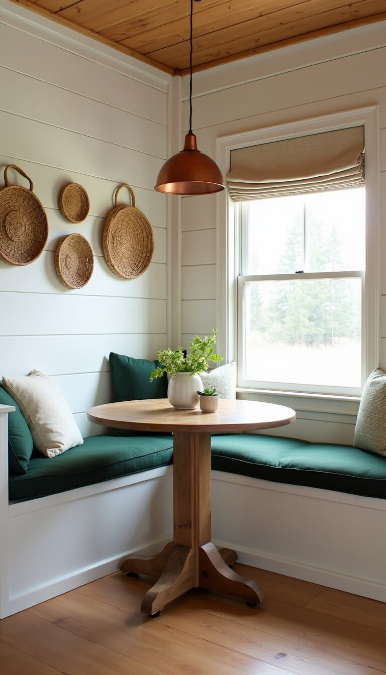 Cozy breakfast nook in small cabin kitchen with round oak table, forest green window bench, white shiplap walls, barn wood ceiling, and copper pendant light.