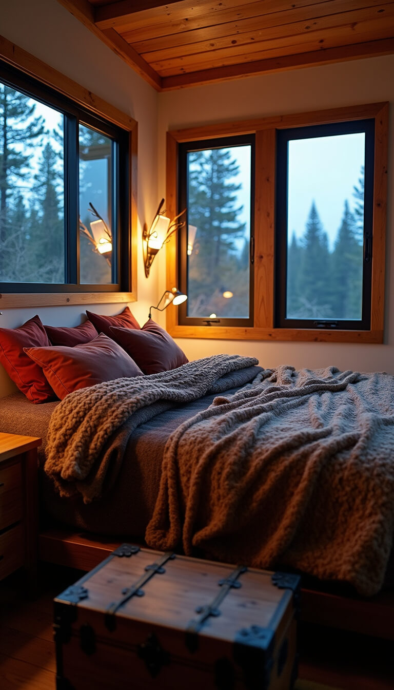 Cozy dusk-lit cabin bedroom with king bed, layered textiles in warm tones, antler sconces, floating nightstands, vintage trunk, and black-framed windows against white walls.
