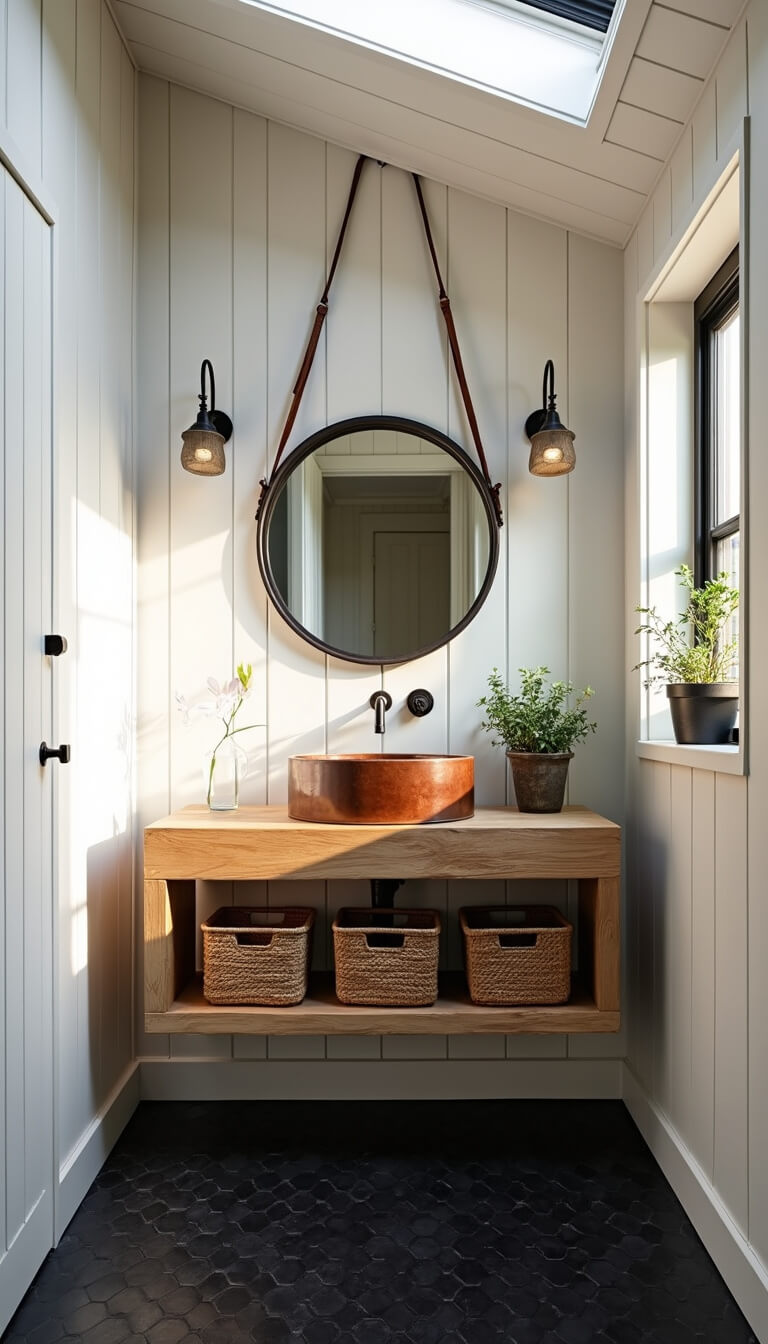 Small cabin bathroom with black hex tile floor, warm white vertical shiplap walls, reclaimed wood floating vanity, copper vessel sink, round leather-hung mirror, industrial sconces, storage baskets, plants, and skylight lighting.