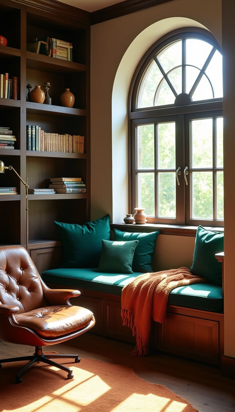 Cozy reading nook under A-frame window with green velvet cushions, dark wood shelves, vintage leather chair, and brass floor lamp in afternoon light.