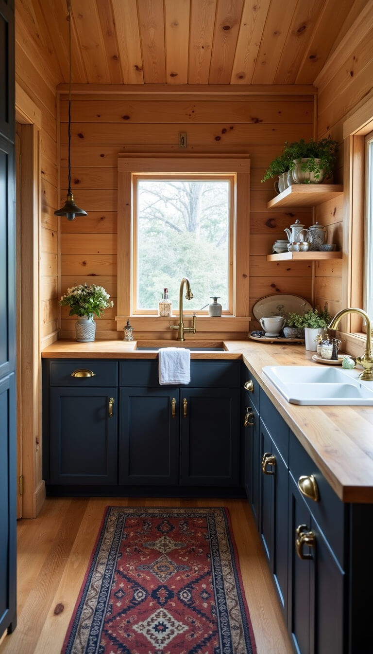 Open-concept 10x10ft cabin kitchenette with matte black cabinets, brass hardware, butcher block countertops, open shelves with ironstone pottery, aged brass pendant lights, vintage red and blue runner, and morning light on wooden textures.