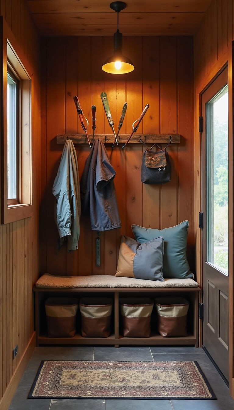 Twilight view of a cozy cabin entryway with built-in bench, iron hooks, vintage ski decor, slate floor, wool runner, and warm iron sconce lighting.