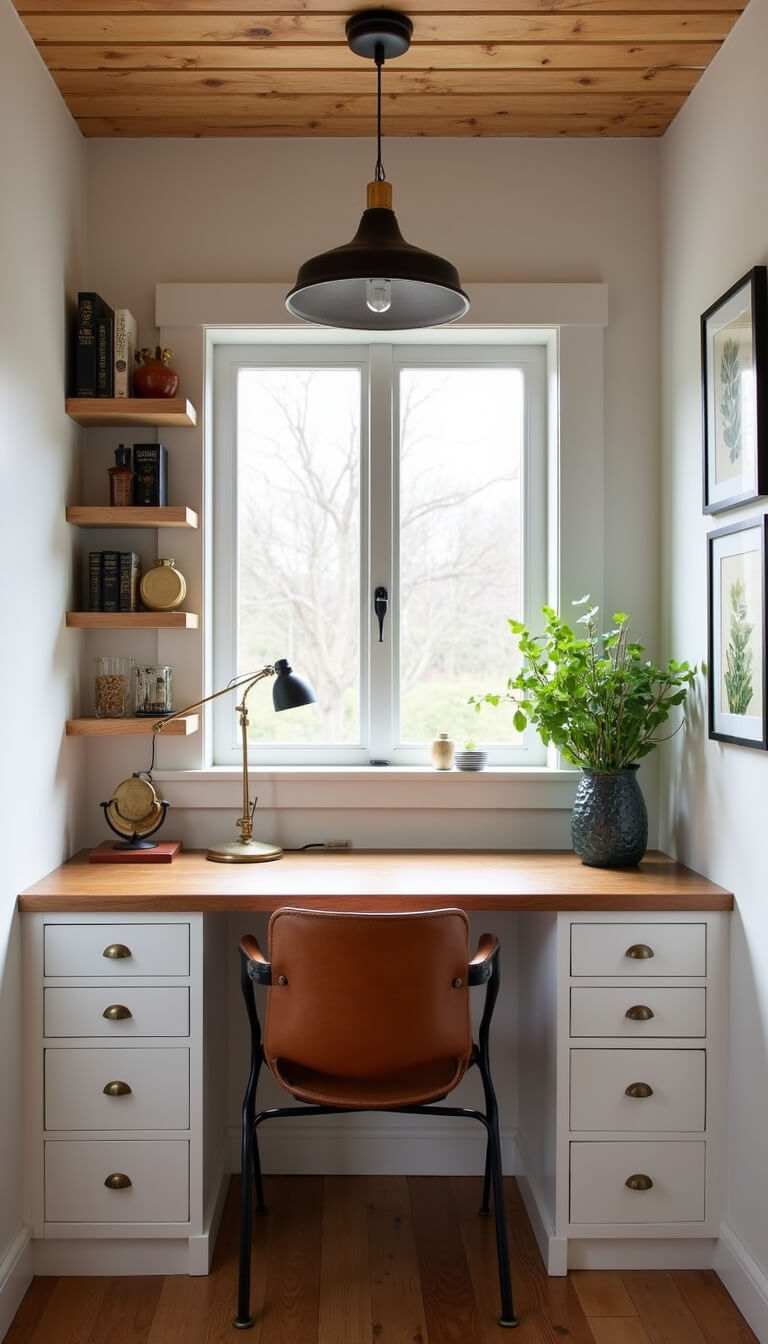 Cozy cabin workspace nook with built-in desk under window, leather chair, floating shelves holding vintage books and brass items, black pendant light, and botanical prints on walls, lit by midday natural light.