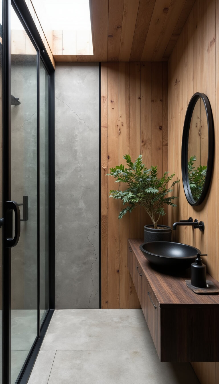 Modern cabin bathroom with black-framed glass shower, concrete floor, wood-paneled walls, dark oak floating vanity, round lit mirror, matte black fixtures, skylight, and greenery.
