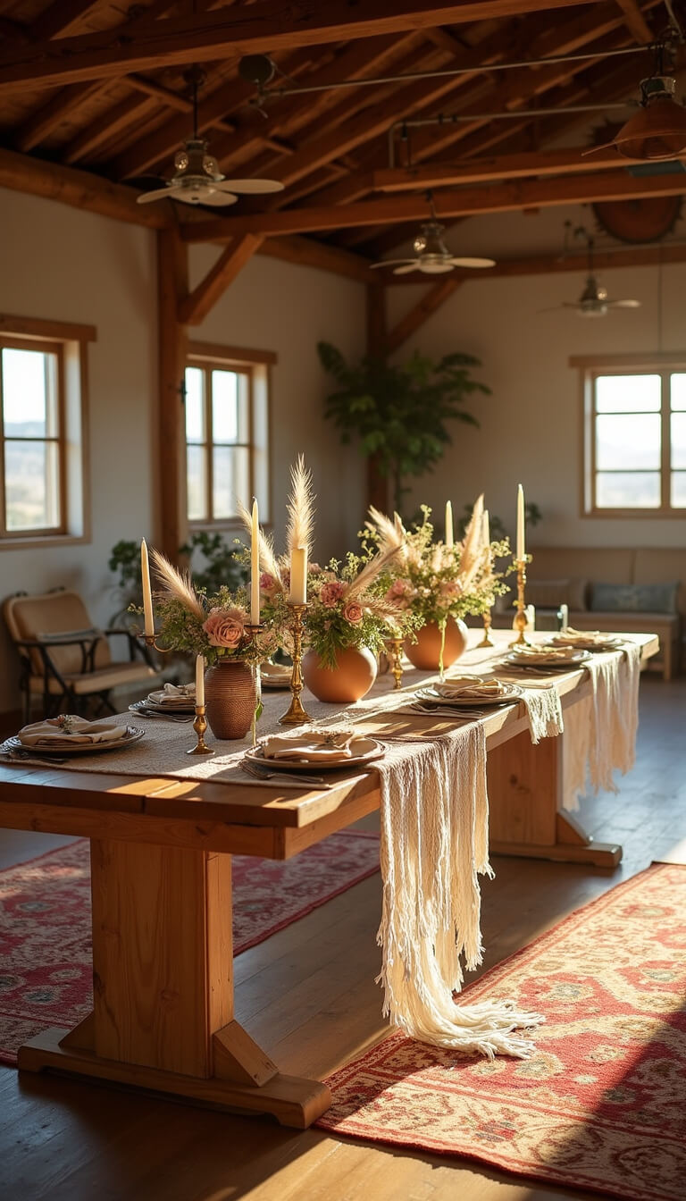 Rustic barn reception at golden hour with a 12ft farmhouse table, macramé runner, pampas grass arrangements, and vintage Persian rugs bathed in warm natural light.