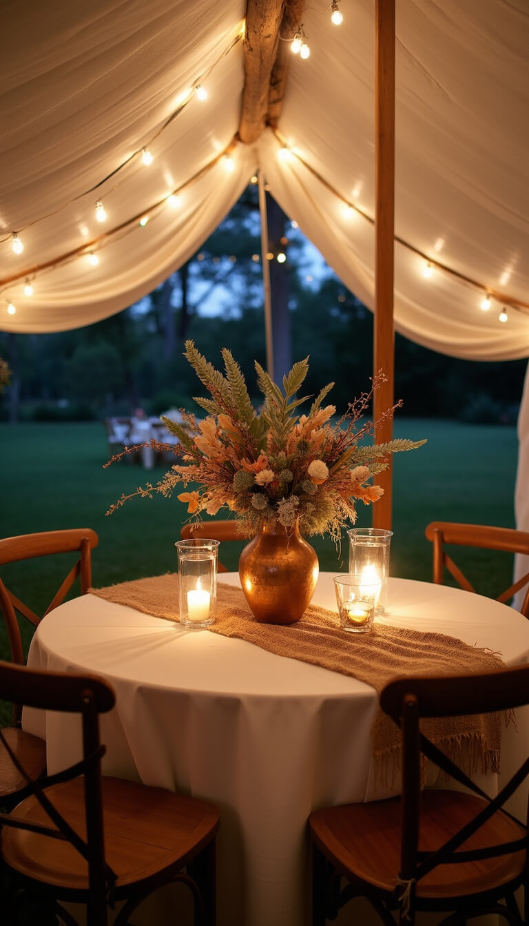 Cozy garden tent interior at dusk with a round table set in white linens, dried floral centerpiece in a copper vase, mismatched vintage chairs, and glowing fairy lights overhead.