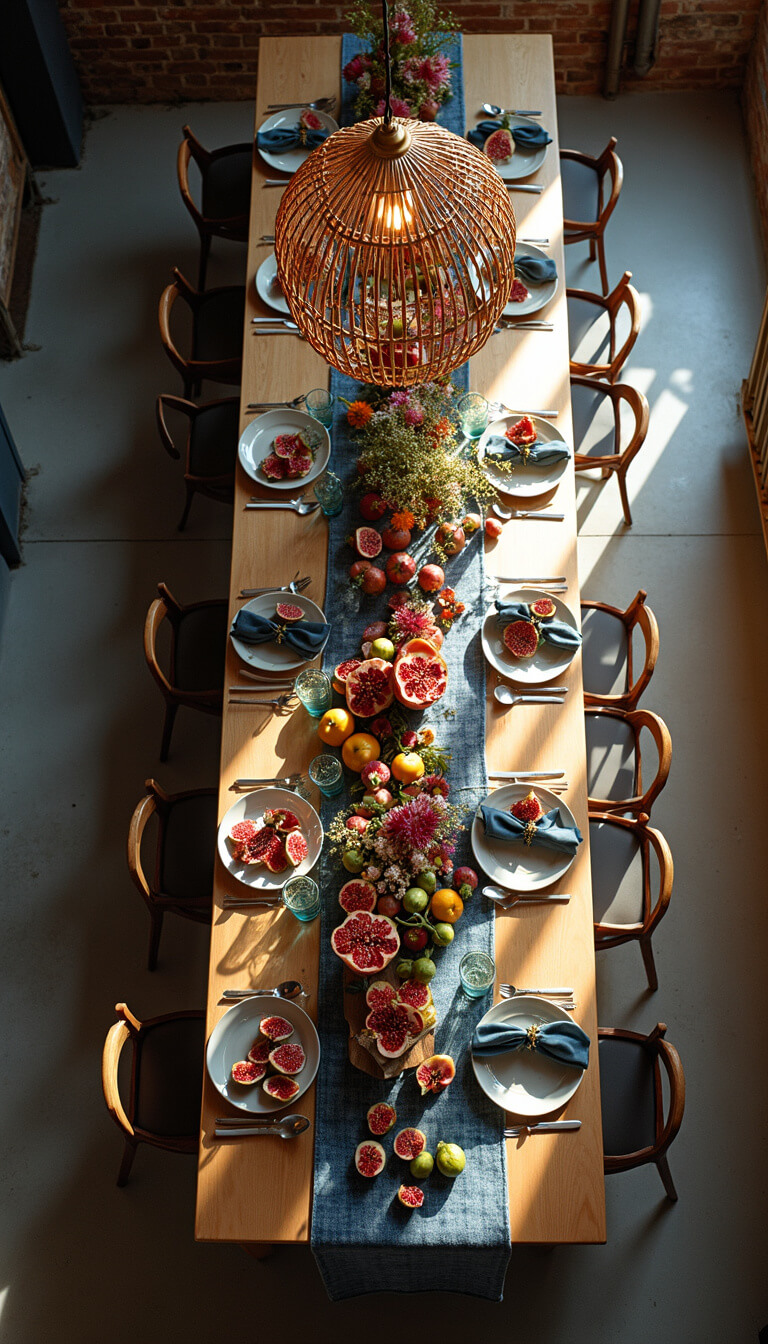 Overhead view of a sunlit 18x30ft loft with a long communal table set with indigo runner, brass place settings, ceramic bowls of figs and pomegranates, and glass bottle florals under rattan pendant lights.