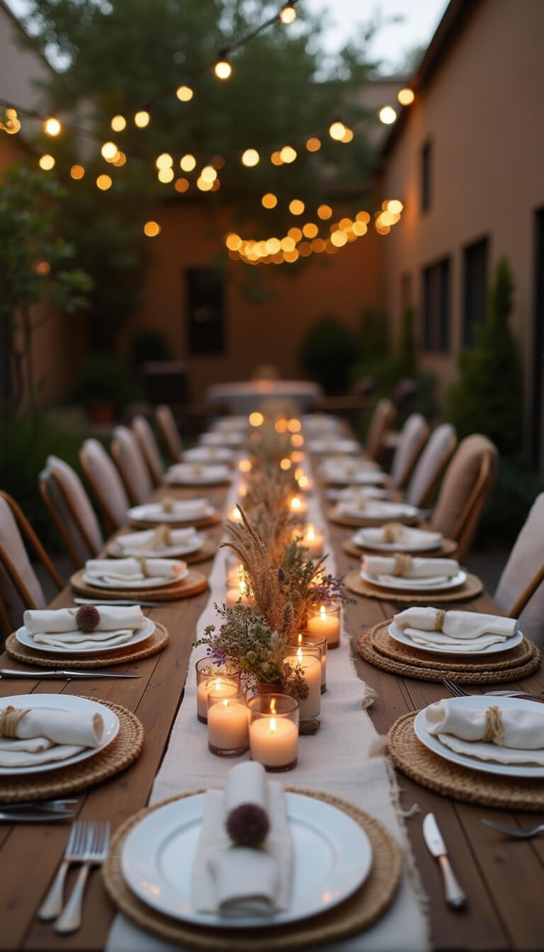 Cozy twilight courtyard with wooden table set in neutrals, featuring textured linens, wildflower centerpieces, mercury glass votives, and string light bokeh.