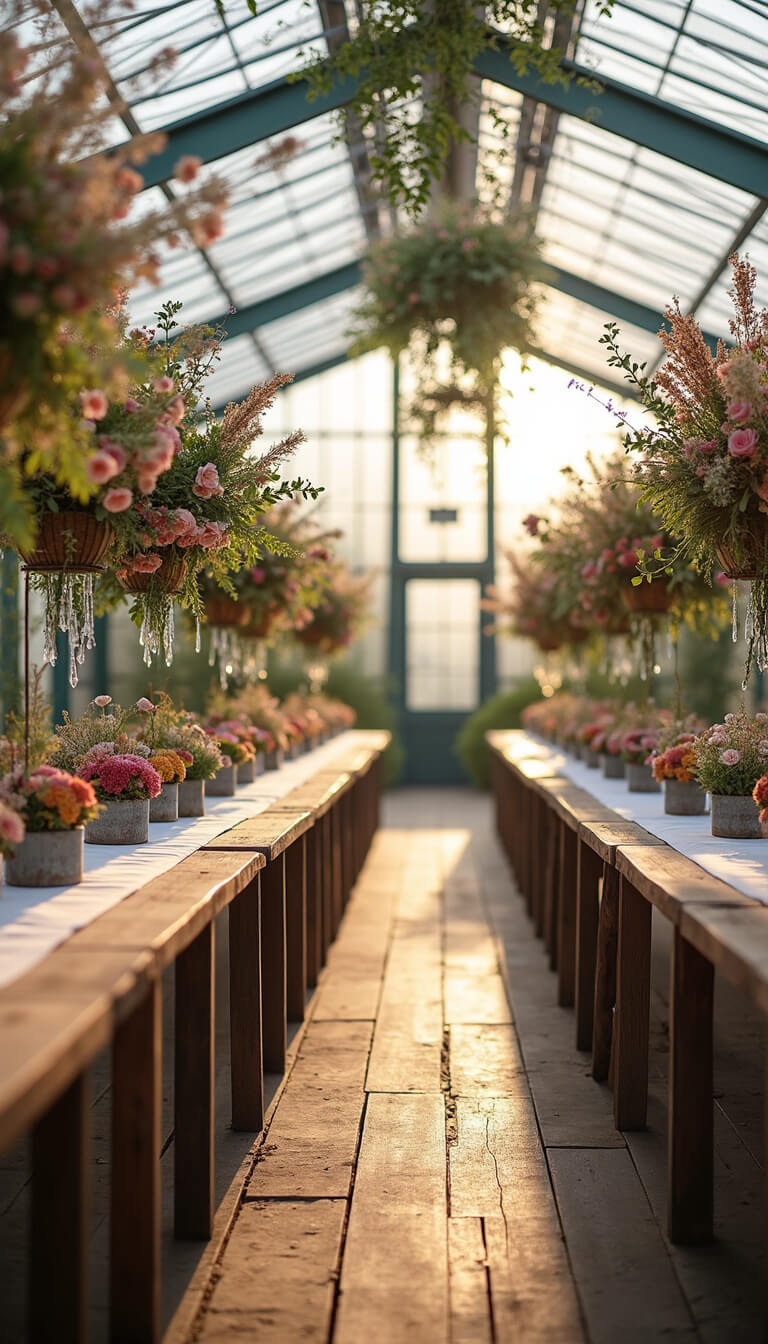 Expansive greenhouse with long tables, sheer runners, and large floral arrangements in oxidized metal containers, lit by diffused morning light with rainbow reflections from crystal prisms.